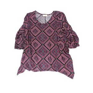 Bobbie Brooks Pink Geometric Diamond Print Bell Sleeve Sharkbite Hem Top XL